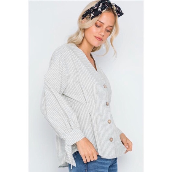 V neck Button Down Blouse with Ties Linen Top - Picture 2 of 4